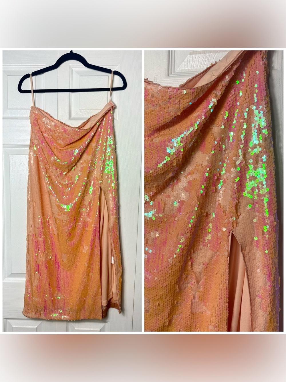 Fashion Nova Peach Iridescent Sequin Midi Pencil Skirt High Slit Size XL NWT